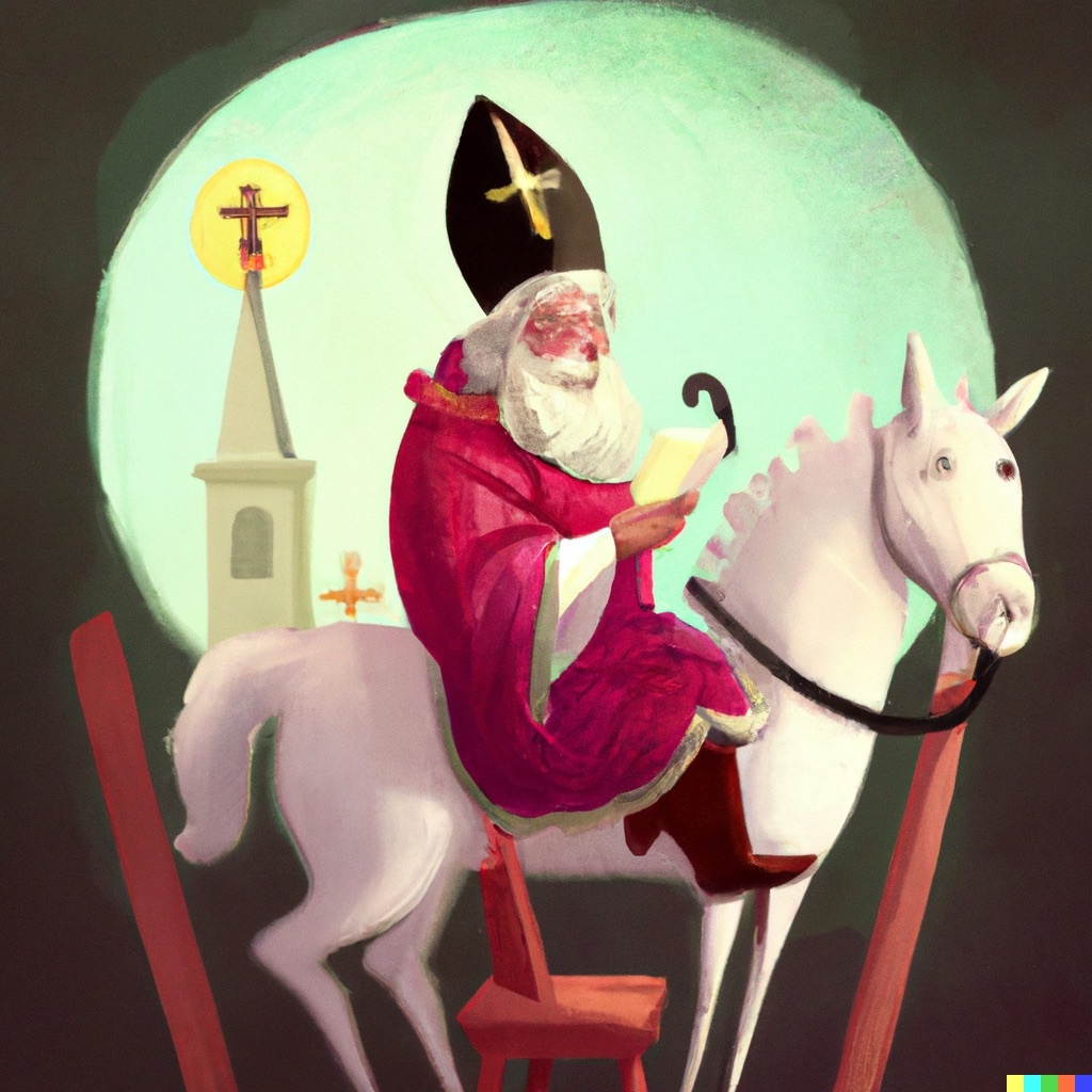 DALL E 2023 12 22 11 20 07 saint nicholas is sitting on his horse smiling during a poetry contest digital art