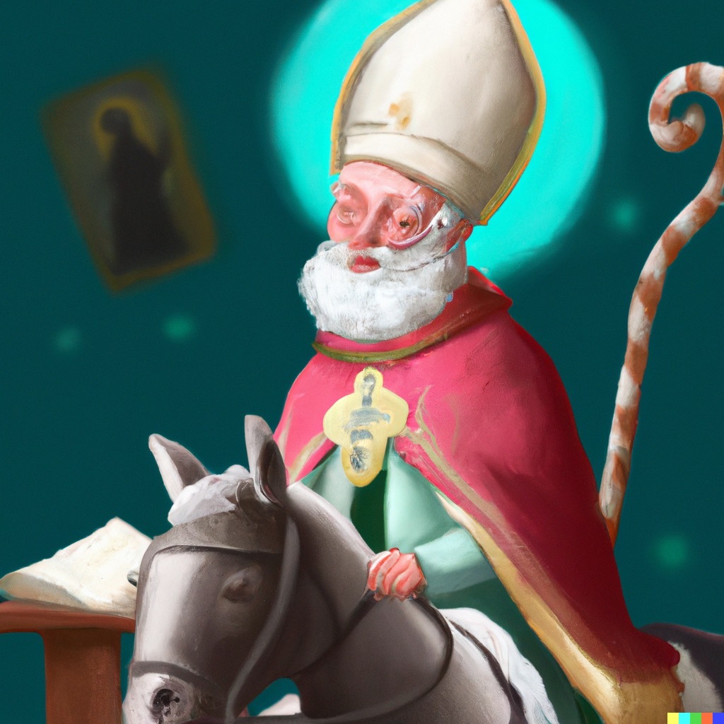 DALL E 2023 12 22 11 20 17 saint nicholas is sitting on his horse smiling during a poetry contest digital art