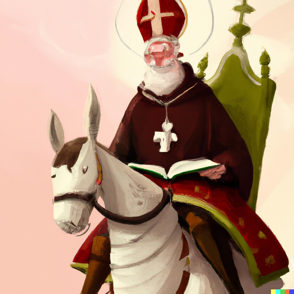 DALL E 2023 12 22 11 20 25 saint nicholas is sitting on his horse smiling during a poetry contest digital art