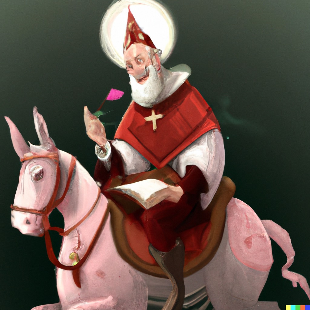 DALL E 2023 12 22 11 20 35 saint nicholas is sitting on his horse smiling during a poetry contest digital art