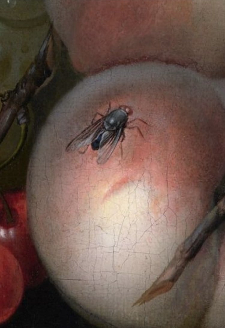 Rachel Ruysch detail uit Stilleven met kersen druiven en perziken 1711