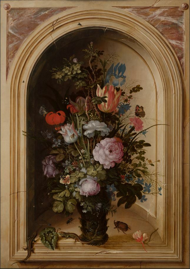 Roelant Savery Vaas met bloemen in een stenen nis 1615 Mauritshuis Den